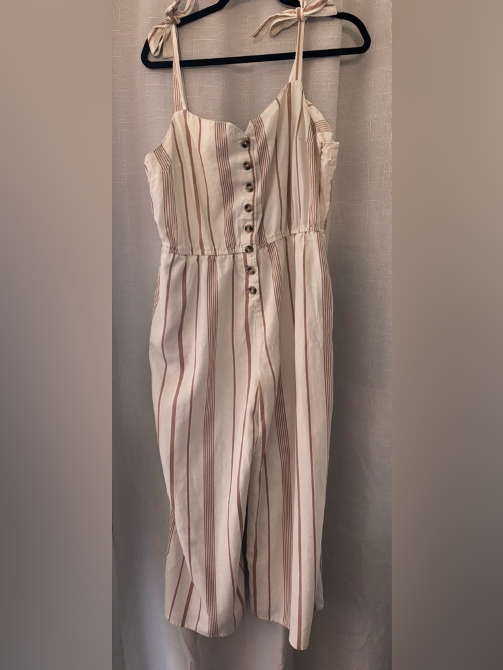 ModCloth Cream and Mauve Striped Tie-Shoulder Jumpsuit